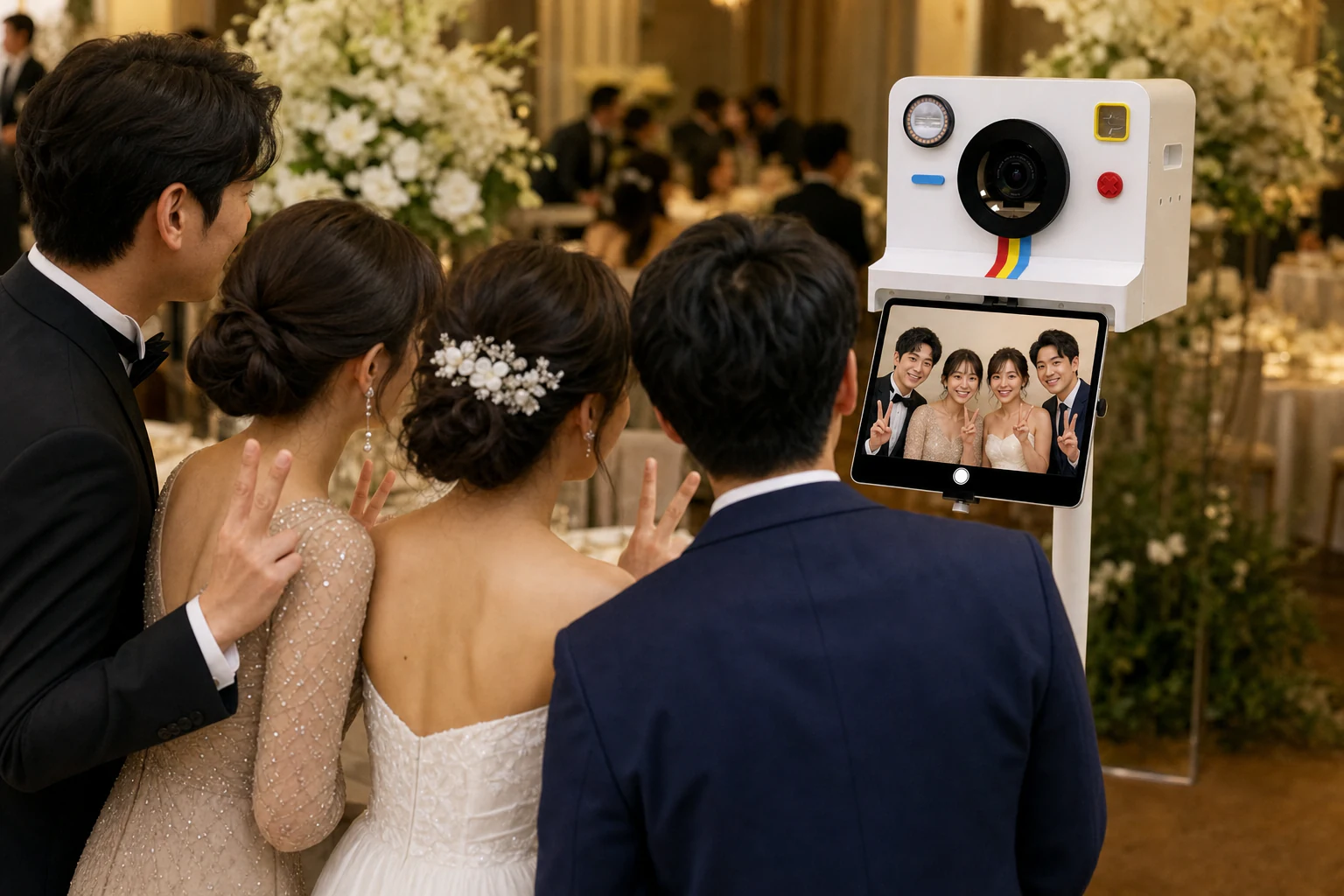 婚礼宾客在哈喽茄子拍照机前合影